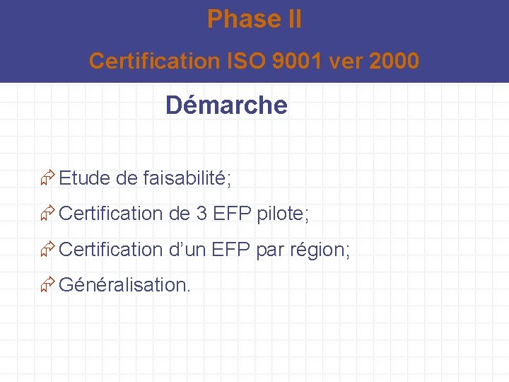 Phase II Certification ISO 9001 ver 2000 Démarche Æ Etude de faisabilité; Æ Certification