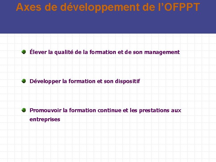 Axes de développement de l’OFPPT Élever la qualité de la formation et de son