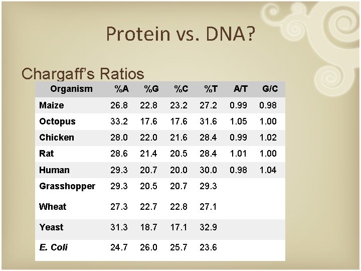 Protein vs. DNA? Chargaff’s Ratios Organism %A %G %C %T A/T G/C Maize 26.