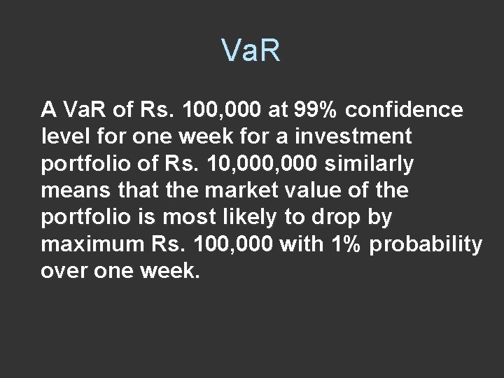 Va. R A Va. R of Rs. 100, 000 at 99% confidence level for