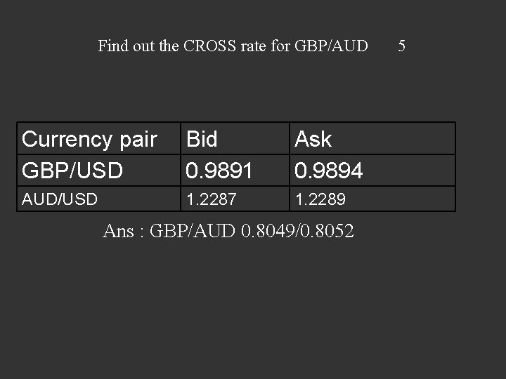 Find out the CROSS rate for GBP/AUD 5 Currency pair GBP/USD Bid 0. 9891