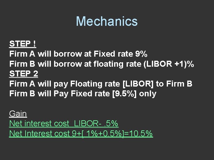 Mechanics STEP ! Firm A will borrow at Fixed rate 9% Firm B will