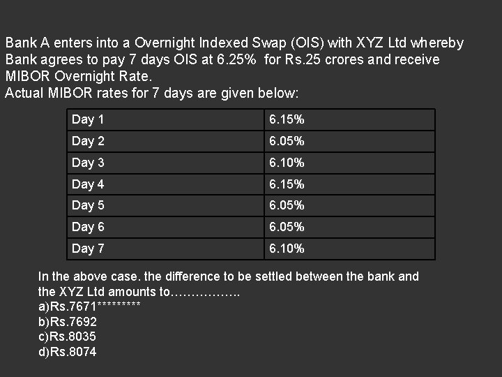 Bank A enters into a Overnight Indexed Swap (OIS) with XYZ Ltd whereby Bank