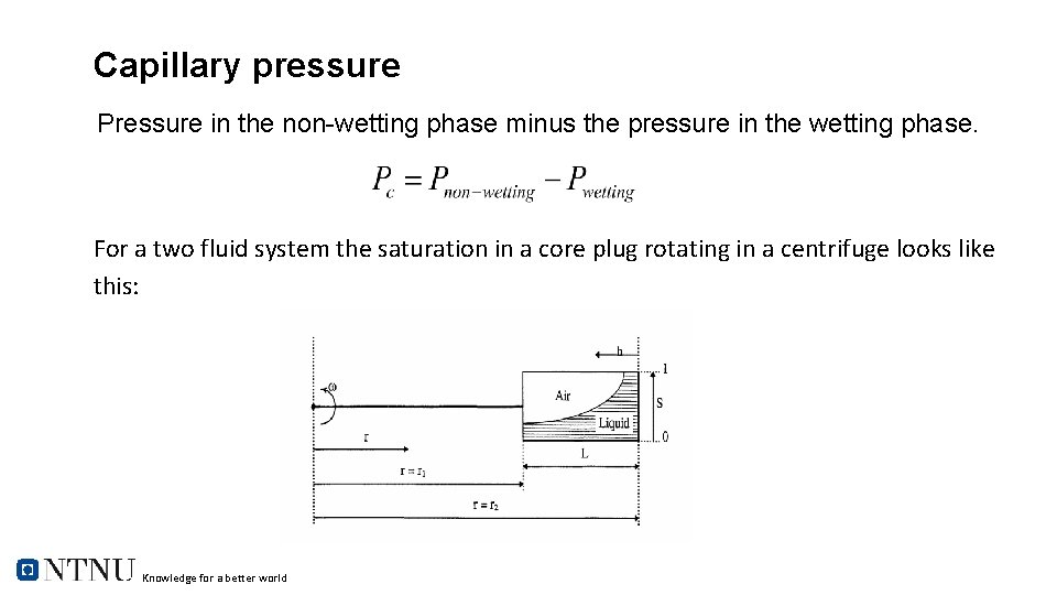 Capillary pressure Pressure in the non-wetting phase minus the pressure in the wetting phase.