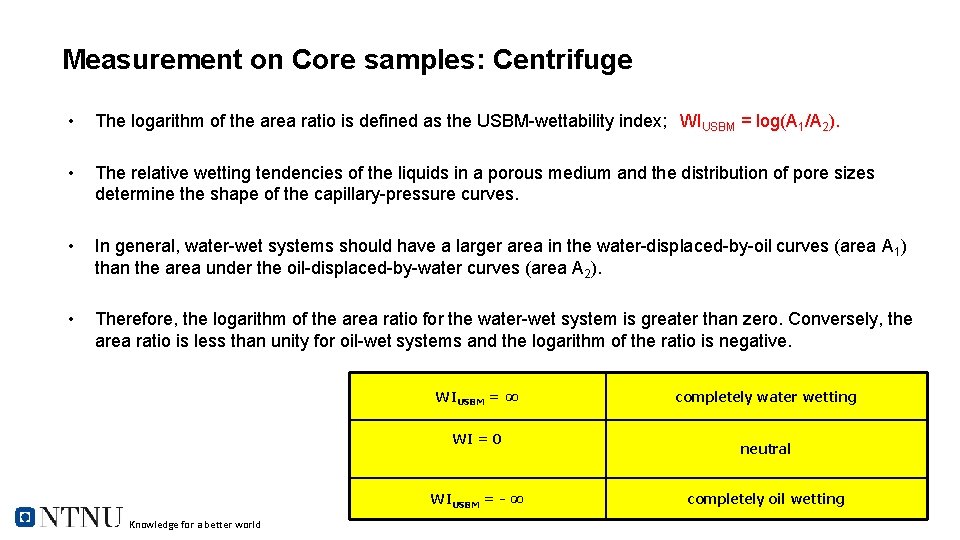 Measurement on Core samples: Centrifuge • The logarithm of the area ratio is defined