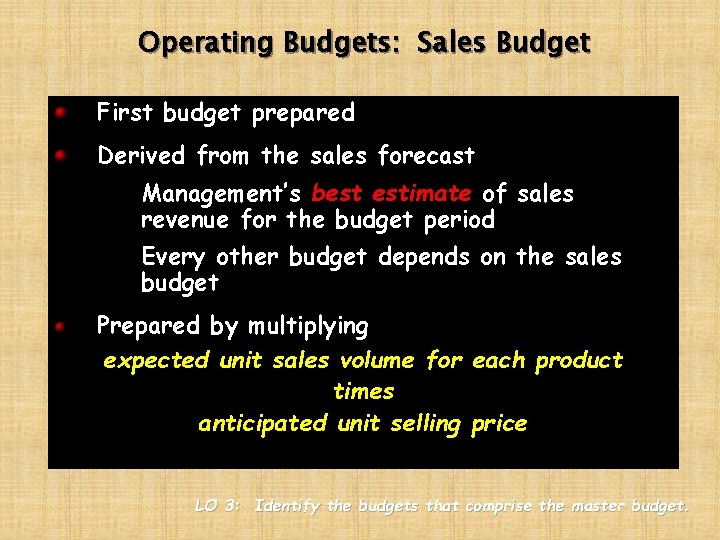 Operating Budgets: Sales Budget First budget prepared Derived from the sales forecast Management’s best