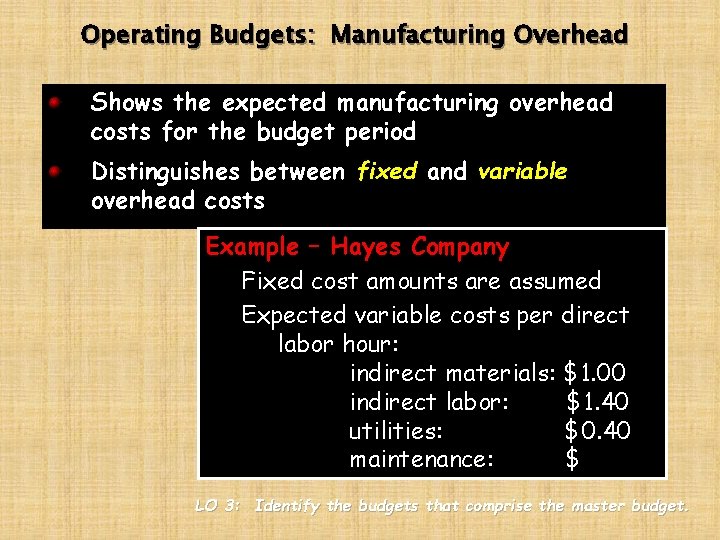 Operating Budgets: Manufacturing Overhead Shows the expected manufacturing overhead costs for the budget period