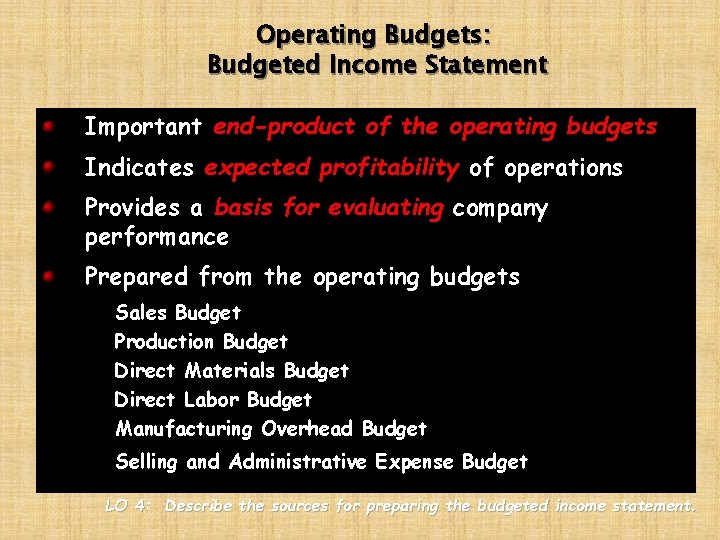 Operating Budgets: Budgeted Income Statement Important end-product of the operating budgets Indicates expected profitability