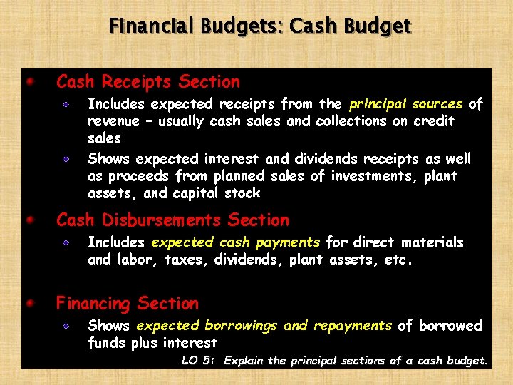 Financial Budgets: Cash Budget Cash Receipts Section Includes expected receipts from the principal sources