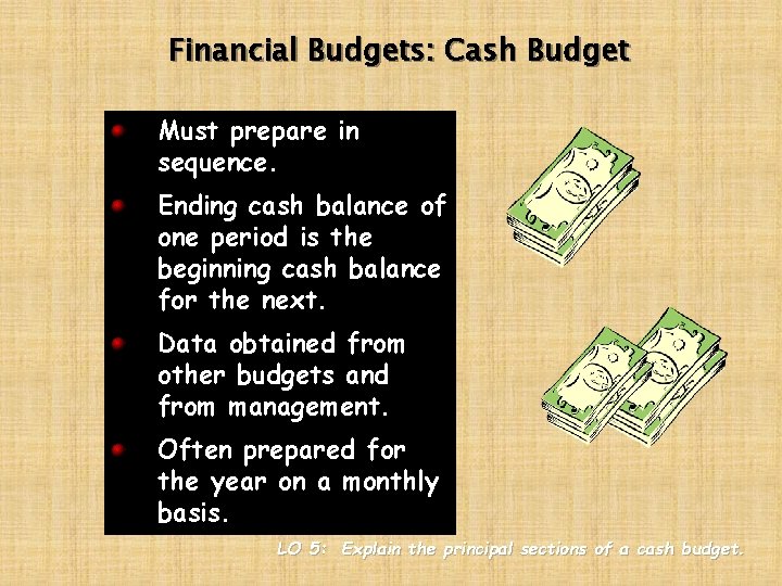 Financial Budgets: Cash Budget Must prepare in sequence. Ending cash balance of one period
