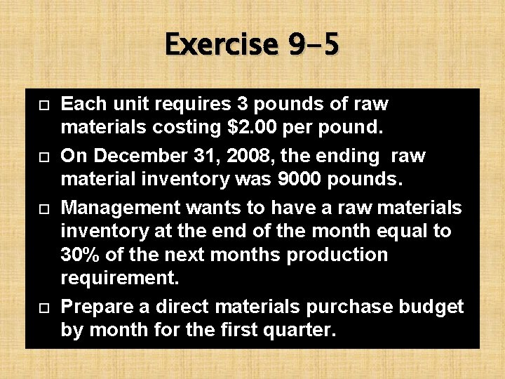 Exercise 9 -5 Each unit requires 3 pounds of raw materials costing $2. 00