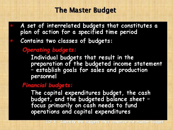 The Master Budget A set of interrelated budgets that constitutes a plan of action