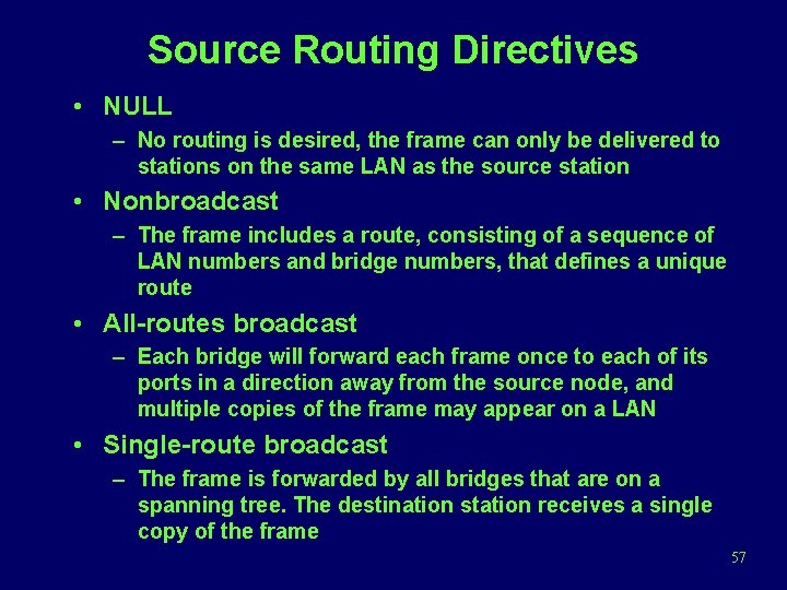 Source Routing Directives • NULL – No routing is desired, the frame can only