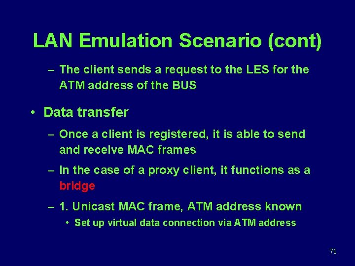 LAN Emulation Scenario (cont) – The client sends a request to the LES for