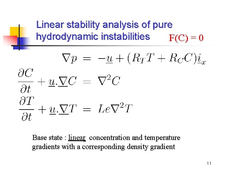 Linear stability analysis of pure hydrodynamic instabilities F(C) = 0 Base state : linear