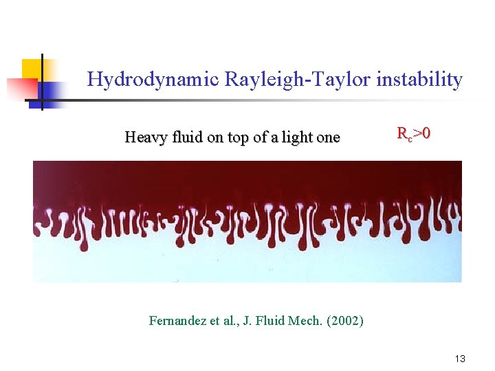 Hydrodynamic Rayleigh-Taylor instability Heavy fluid on top of a light one Rc>0 Fernandez et