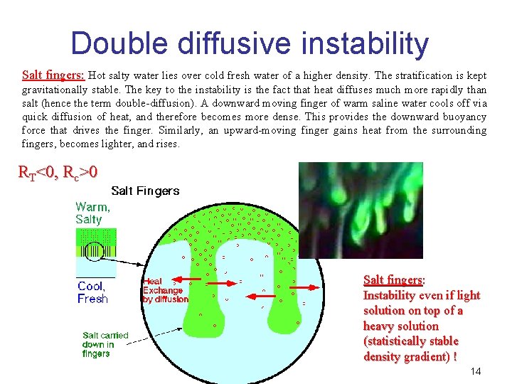 Double diffusive instability Salt fingers: Hot salty water lies over cold fresh water of