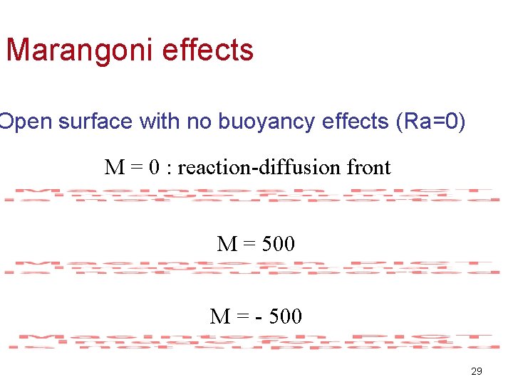 Marangoni effects Open surface with no buoyancy effects (Ra=0) M = 0 : reaction-diffusion