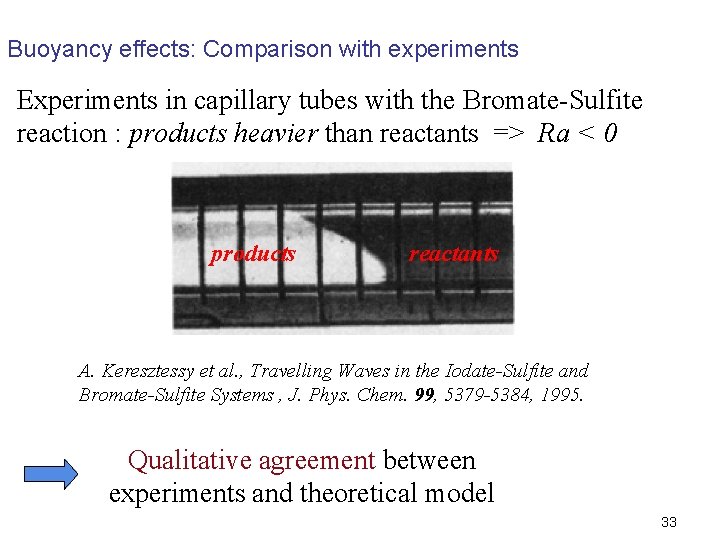 Buoyancy effects: Comparison with experiments Experiments in capillary tubes with the Bromate-Sulfite reaction :