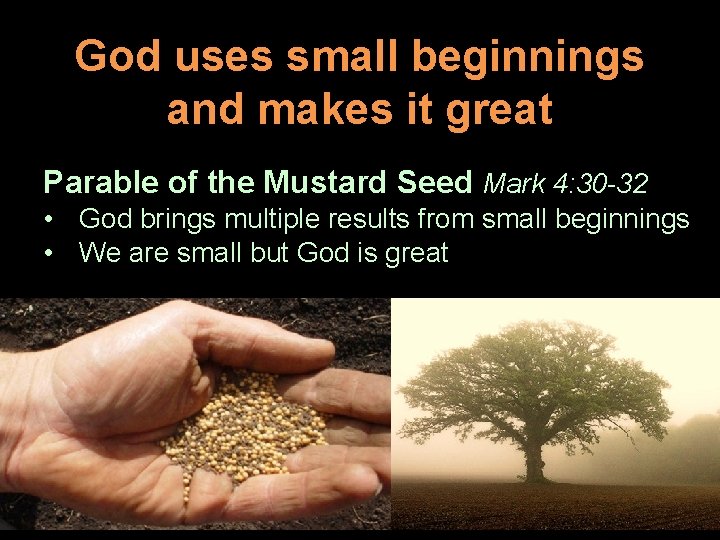 God uses small beginnings and makes it great Parable of the Mustard Seed Mark