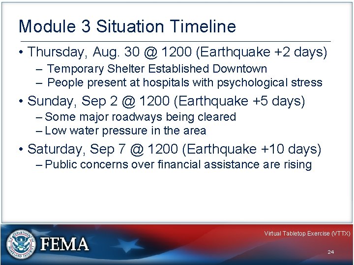 Module 3 Situation Timeline • Thursday, Aug. 30 @ 1200 (Earthquake +2 days) –