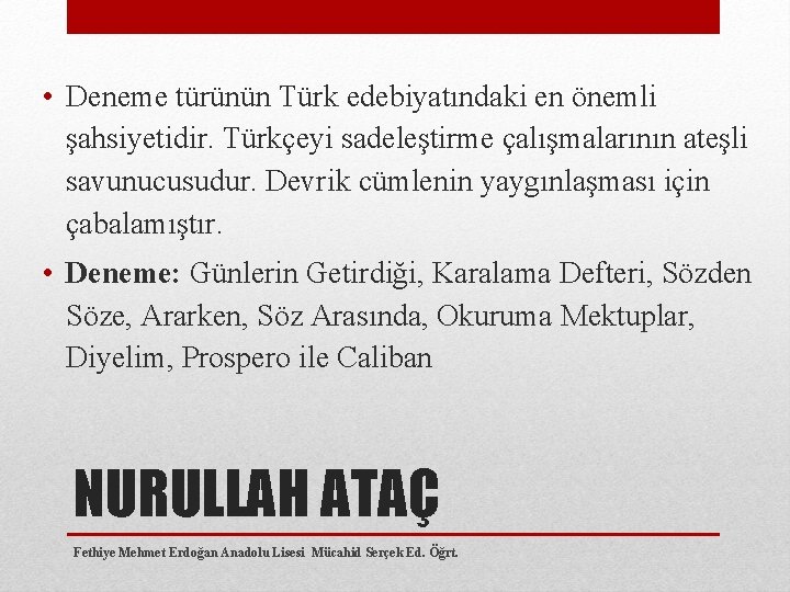  • Deneme türünün Türk edebiyatındaki en önemli şahsiyetidir. Türkçeyi sadeleştirme çalışmalarının ateşli savunucusudur.
