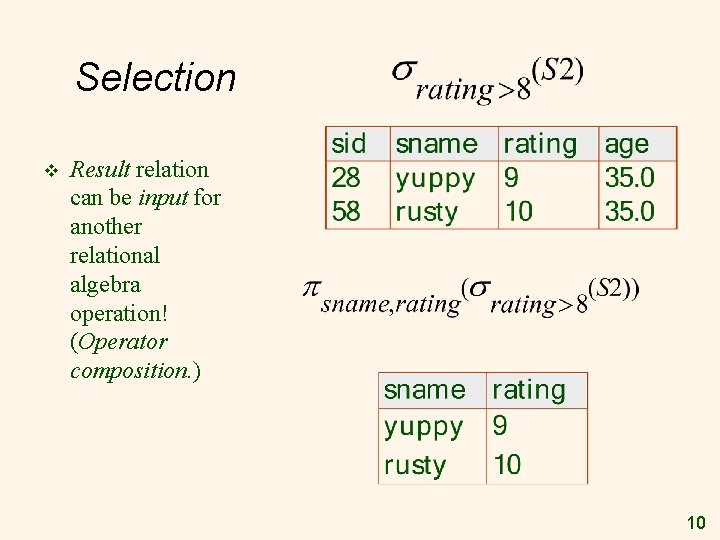 Selection v Result relation can be input for another relational algebra operation! (Operator composition.