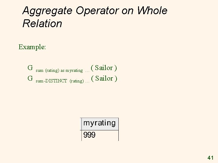 Aggregate Operator on Whole Relation Example: G G sum (rating) as myrating … ( Aggregate Operator on Whole Relation Example: G G sum (rating) as myrating … (