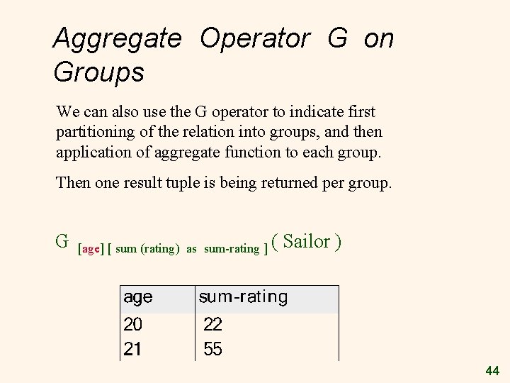 Aggregate Operator G on Groups We can also use the G operator to indicate