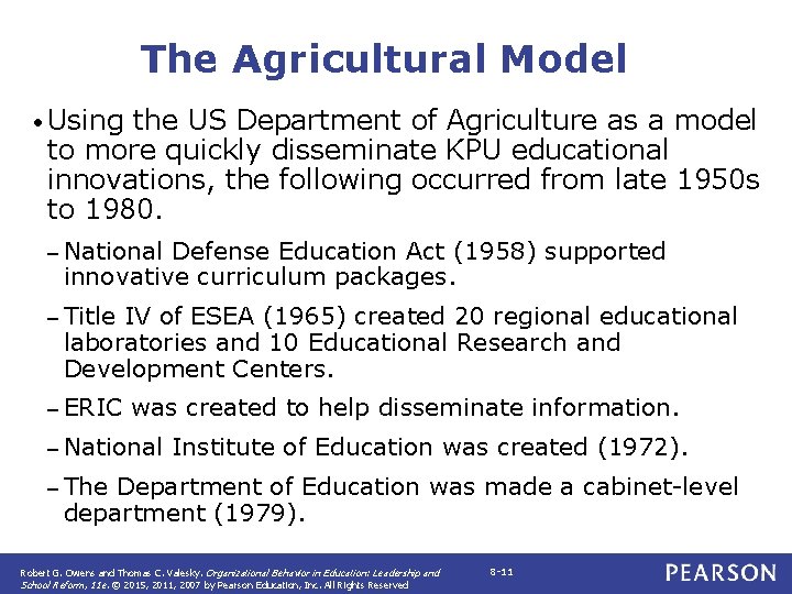 The Agricultural Model • Using the US Department of Agriculture as a model to
