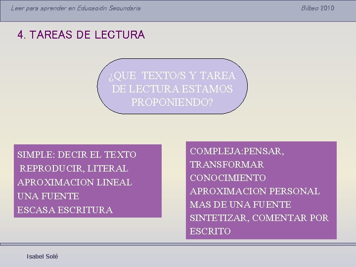 Leer para aprender en Educación Secundaria Bilbao 2010 4. TAREAS DE LECTURA ¿QUE TEXTO/S