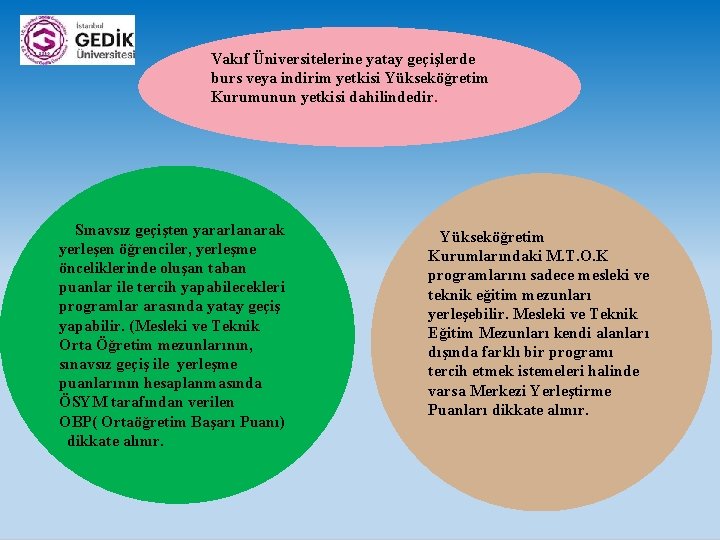 Vakıf Üniversitelerine yatay geçişlerde burs veya indirim yetkisi Yükseköğretim Kurumunun yetkisi dahilindedir. Sınavsız geçişten