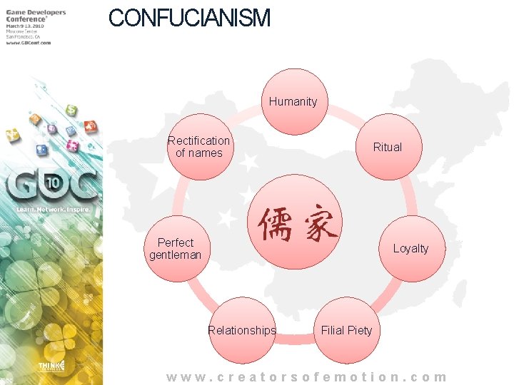 CONFUCIANISM Humanity Rectification of names Ritual Perfect gentleman Loyalty Relationships Filial Piety www. creatorsofemotion.