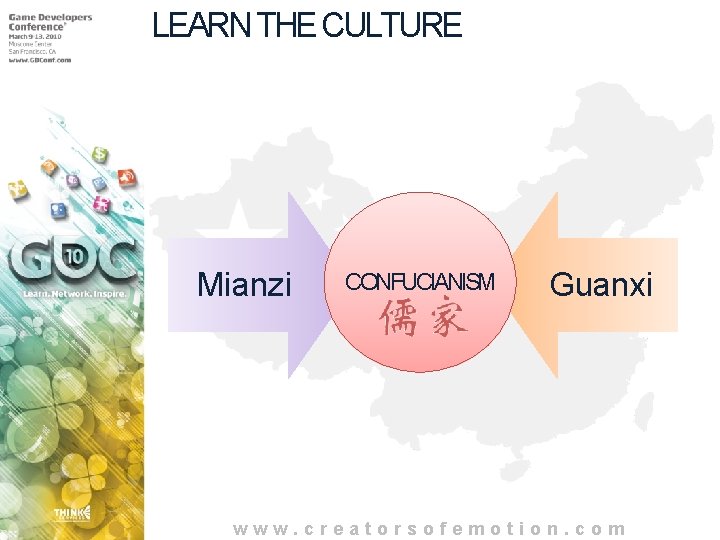 LEARN THE CULTURE Mianzi CONFUCIANISM Guanxi www. creatorsofemotion. com 