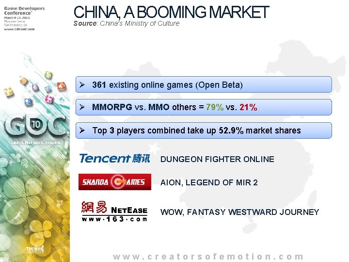 CHINA, A BOOMING MARKET Source: China’s Ministry of Culture Ø 361 existing online games