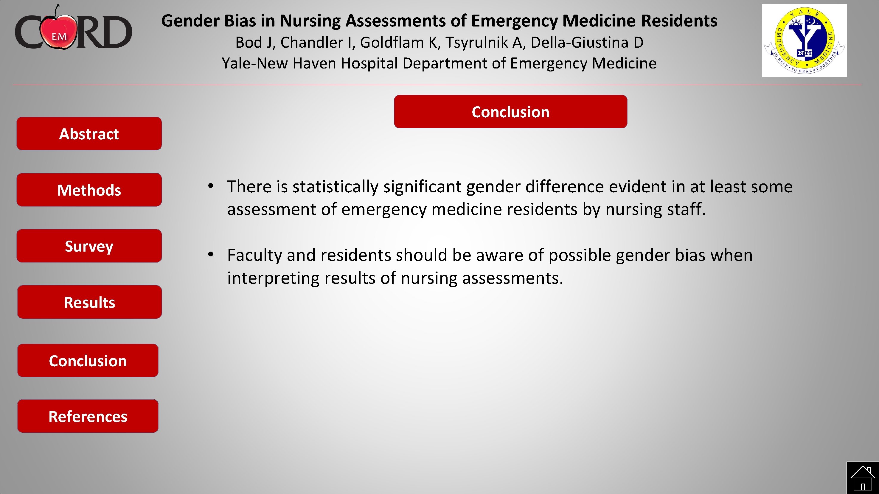 Gender Bias in Nursing Assessments of Emergency Medicine Residents Bod J, Chandler I, Goldflam