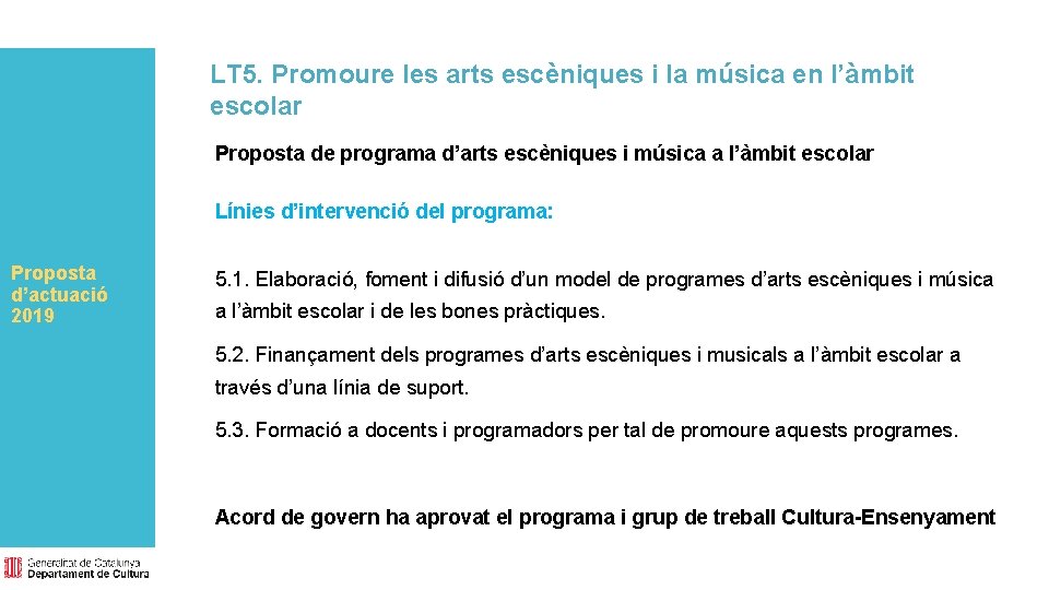 LT 5. Promoure les arts escèniques i la música en l’àmbit escolar Proposta de