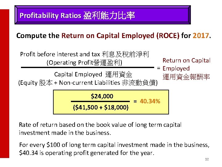 Profitability Ratios 盈利能力比率 Compute the Return on Capital Employed (ROCE) for 2017. Profit before