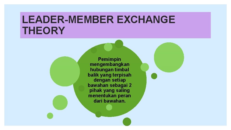 LEADER-MEMBER EXCHANGE THEORY Pemimpin mengembangkan hubungan timbal balik yang terpisah dengan setiap bawahan sebagai
