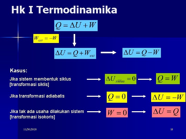 Hk I Termodinamika Kasus: Jika sistem membentuk siklus [transformasi siklis] Jika transformasi adiabatis Jika