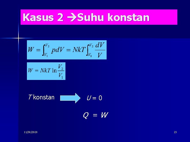 Kasus 2 Suhu konstan T konstan U=0 Q =W 11/30/2020 23 