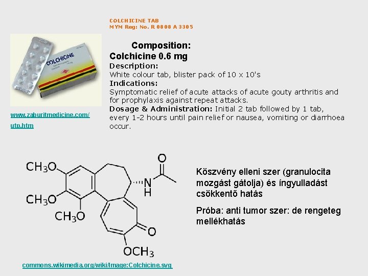 COLCHICINE TAB MYM Reg: No. R 0808 A 3305 Composition: Colchicine 0. 6 mg