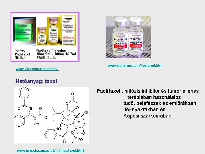 www. 21 cecpharm. com/px/ www. aipharma. com/Featured. htm Hatóanyag: taxol Paclitaxel : mitózis inhibitor