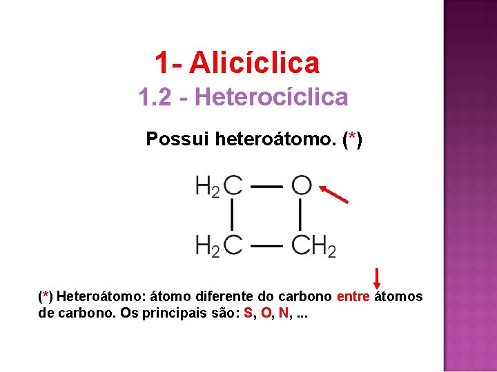 1 - Alicíclica 1. 2 - Heterocíclica Possui heteroátomo. (*) Heteroátomo: átomo diferente do 1 - Alicíclica 1. 2 - Heterocíclica Possui heteroátomo. (*) Heteroátomo: átomo diferente do