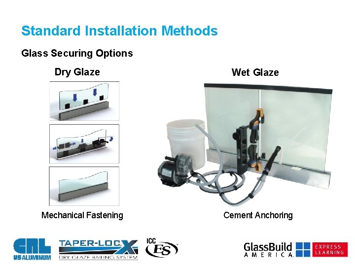Standard Installation Methods Glass Securing Options Dry Glaze Mechanical Fastening Wet Glaze Cement Anchoring