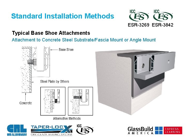 Standard Installation Methods ESR-3269 ESR-3842 Typical Base Shoe Attachments Attachment to Concrete Steel Substrate/Fascia