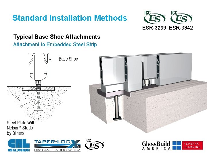 Standard Installation Methods ESR-3269 ESR-3842 Typical Base Shoe Attachments Attachment to Embedded Steel Strip
