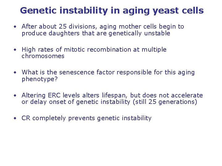 Genetic instability in aging yeast cells • After about 25 divisions, aging mother cells