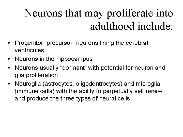 Neurons that may proliferate into adulthood include: • Progenitor “precursor” neurons lining the cerebral