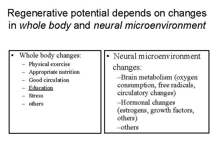 Regenerative potential depends on changes in whole body and neural microenvironment • Whole body